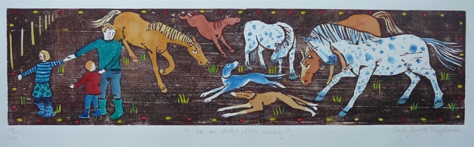 Go on dogs, run away - 17.5 x 4.5 inches. £70 (unframed) or £110 (framed).