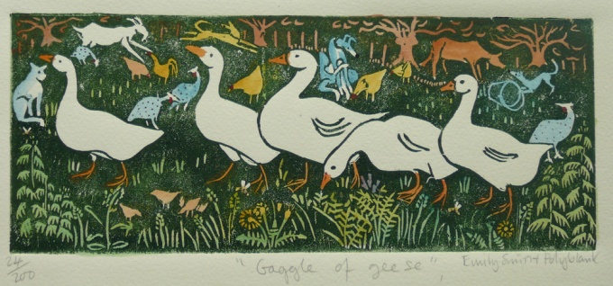 Gaggle of geese - 9 x 4 inches. £40(unframed) or £100 (framed).