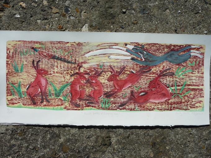 March hares & leaping dog.RA 2011 - 27x9 inches (Â£100 unframed) (Â£200 framed)